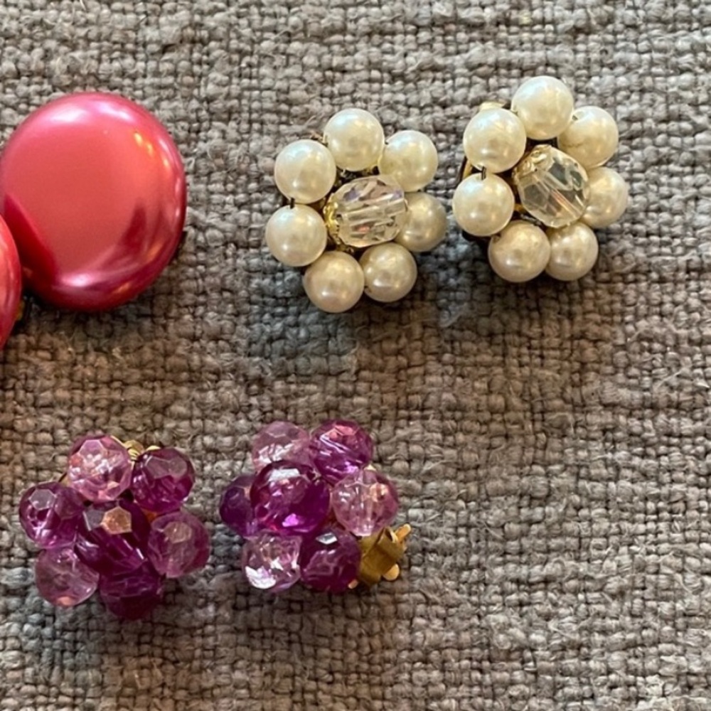 Vintage Clip On Earrings, two pairs: White Pearl & Purple Beaded